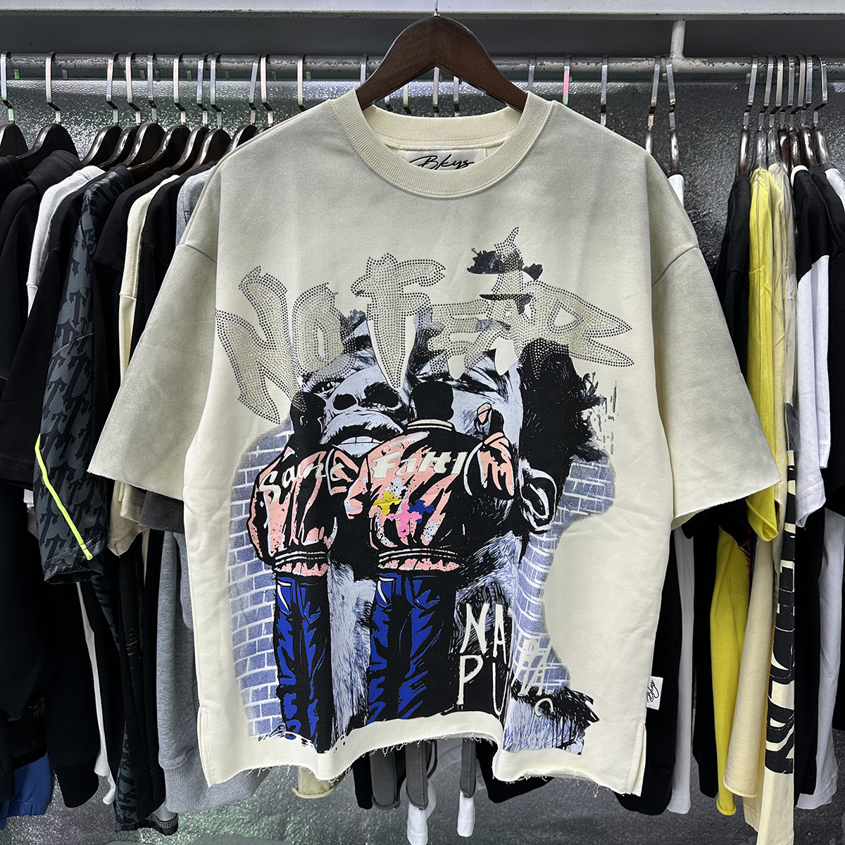 Transfronterizo nueva venta en caliente BKS camiseta de manga corta extraña esqueleto retro lavado de agua caliente perforación en caliente para hombres y mujeres de moda en stock lotes