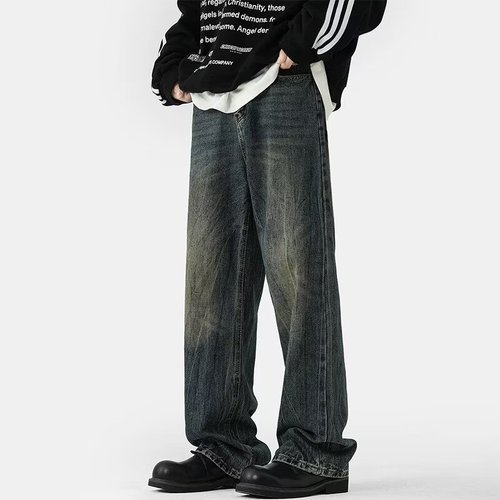 American casual streetwear brand heavy-duty retro denim jeans for men, spring and autumn 2025 new arrival, washed and distressed straight-leg dad jeans
