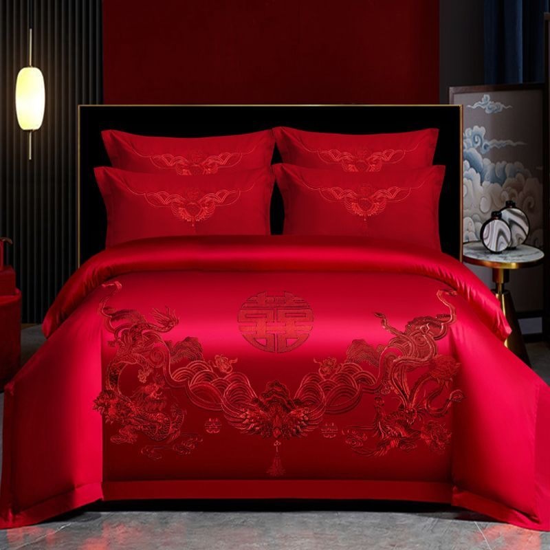 Cuatro piezas de boda china dragón-fénix bordado sábanas de boda rojas casa de boda colcha de cama image 26