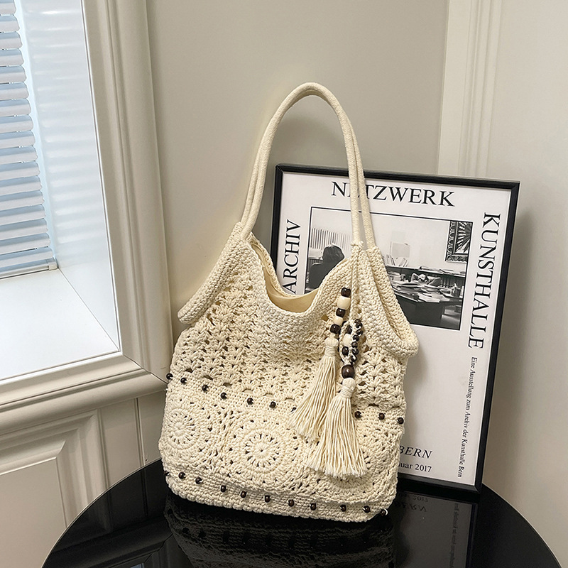 Women's Woven Beach Bag - Large Capacity Casual Tote For Seaside Vacation, Elegant Lazy Style Commuter Bag - Thumbnail 4