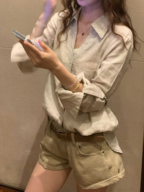 Polo翻领长袖棉麻衬衫女夏法式气质防晒开衫外套外搭宽松衬衣上衣|undefined