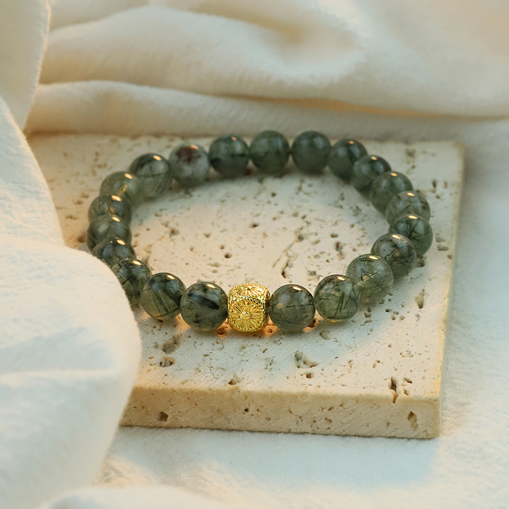Mingdu Crystal Pulsera de cuentas redondas de cristal de cabello verde natural Nuevo estilo chino salvaje estilo ins con joyería de pulsera chapada en oro Hanfu