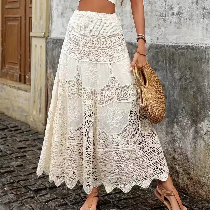 Gouhua Hollow Skirt Women's Summer New Bohemian Holiday Style Design Sense Niche Elegant Casual Long Skirt