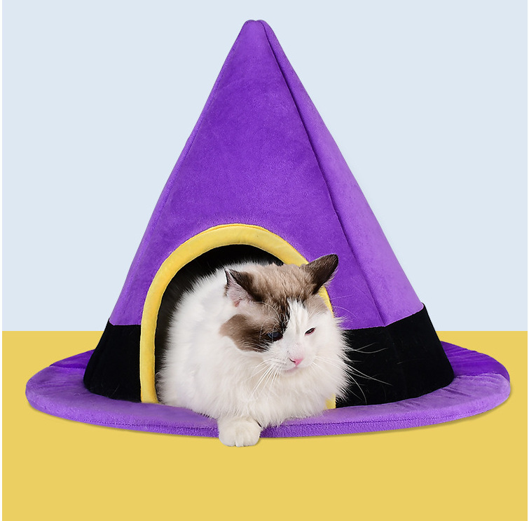 魔女の帽子型猫ハウス 冬暖かい ハロウィン対応 取り外し可能 洗える 丸型 全閉型 猫用寝床 クリエイティブペット猫ハウス|undefined