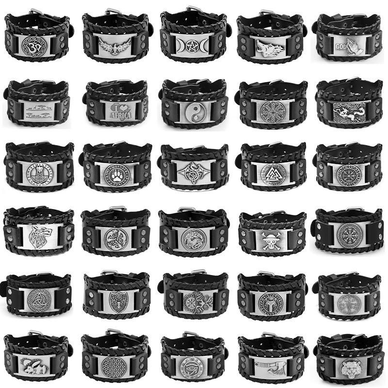 Temu hot sale Nordic wide leather Viking leather bracelet Celtic wolf head men's bracelet punk cross-border with leather bracelet