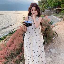 法式特别漂亮优雅波点背心连衣裙女2026初夏新款气质V领飘带长裙