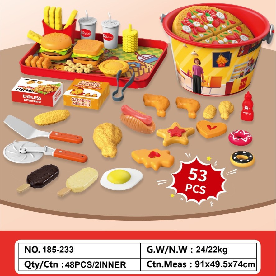 Simulación transfronteriza de papas fritas, hamburguesas fritas, alas de pollo fritas, paquete familiar de barril, juguetes de canasta de picnic familiar