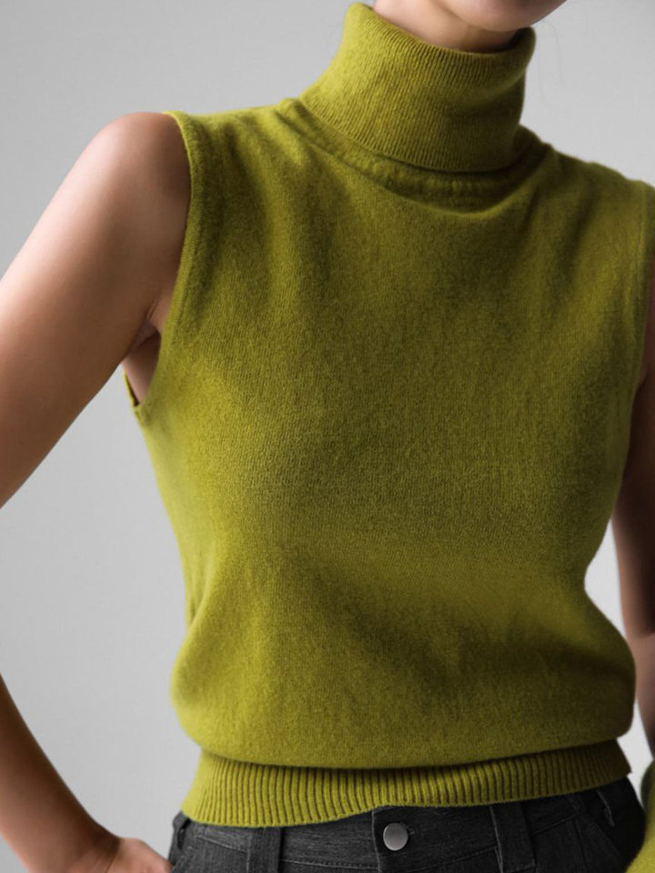 Bộ áo len dệt kim nữ cổ cao không tay kèm áo cardigan dáng suông — Áo vest màu nâu, Áo vest màu xám đậm, áo vest màu vàng, áo vest màu xanh chi tiết 83