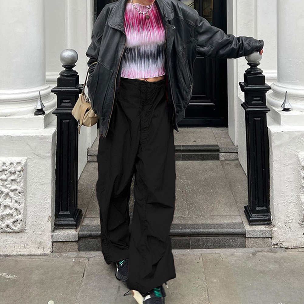 Vår/sommar 2024 Nya heta tjej-arbetskläder med resårband och dragsko, trendiga låg midjade vida ben, vardagsbyxor_voghion.com