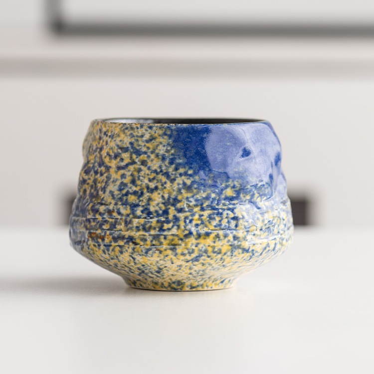 418-F 휴대용 커피잔(노란색 배경에 파란색 스프레이) 220ml