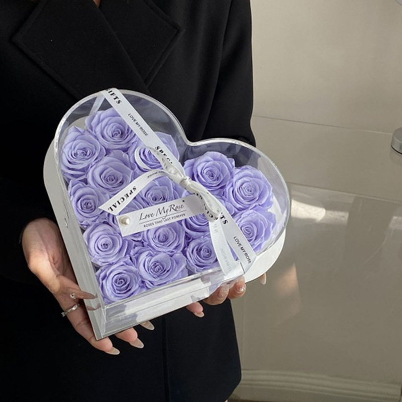 Rosa eterna de flores reales con temática de amor, producto terminado en caja de regalo acrílica, un regalo de alta gama para novia en el Día de San Valentín chino.