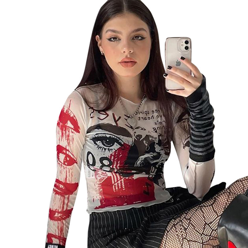 Damen Langarm Mesh Crop Top Mit Rundhalsausschnitt Für Den Alltag_voghion.com