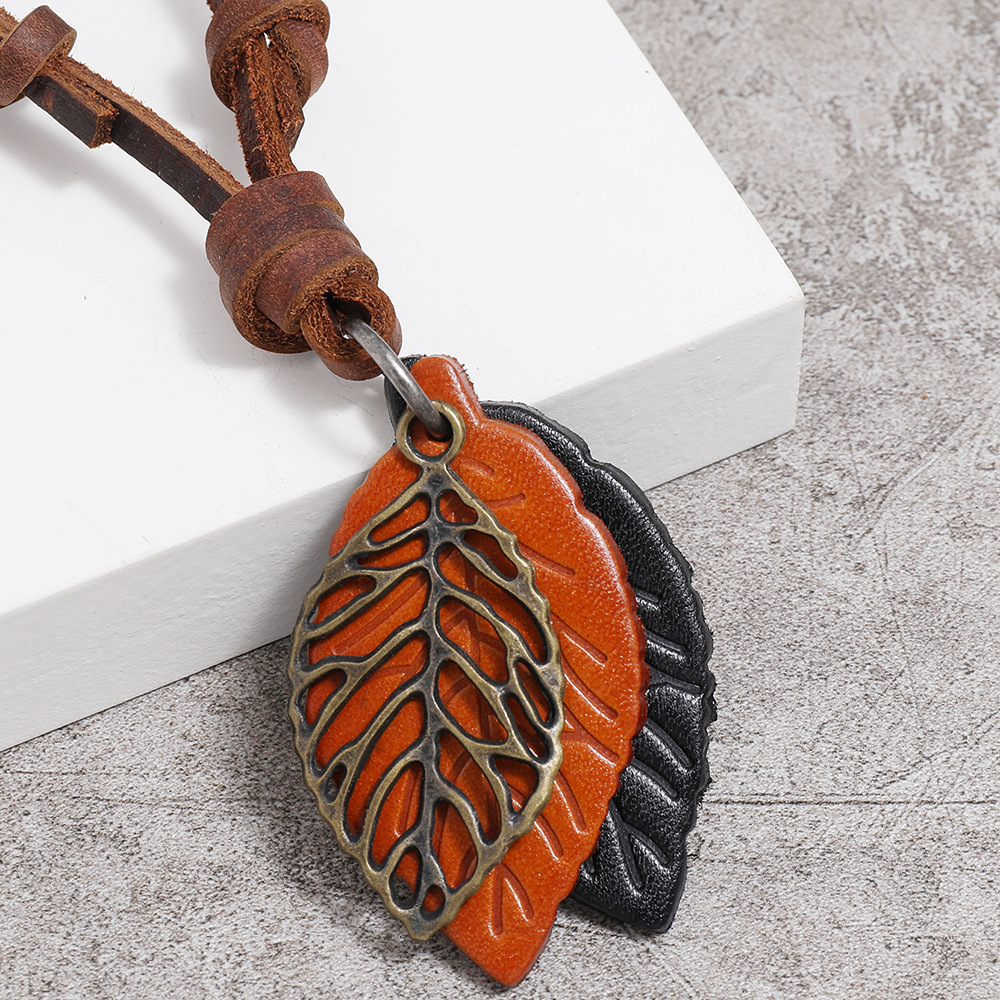 fashion retro leaf pendant leather necklace