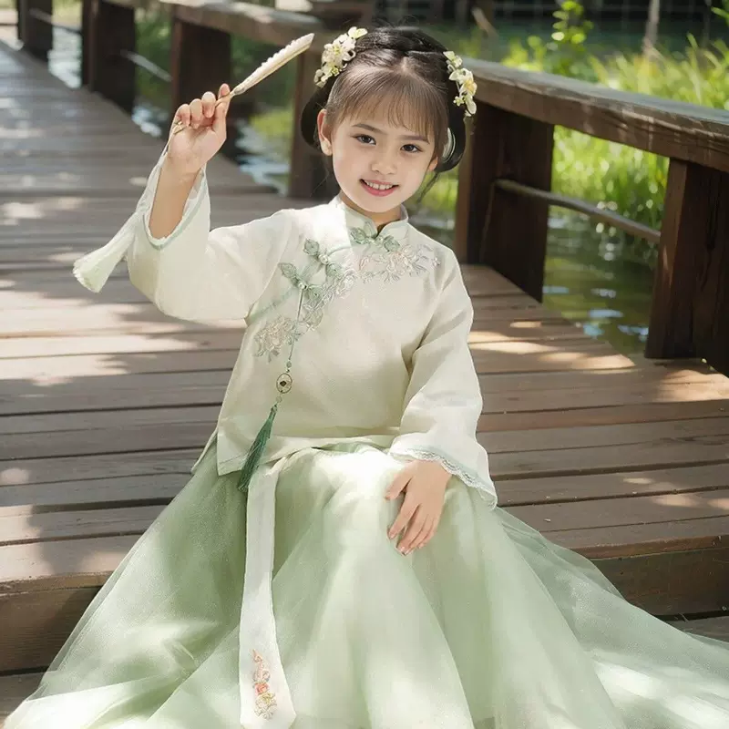Set, summer skirt, children's Hanfu, with embroidery, Chinese style