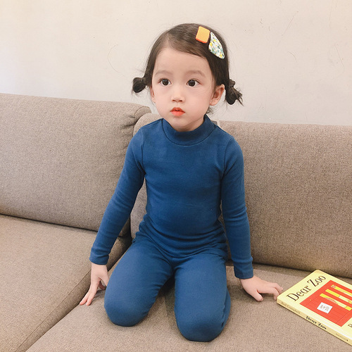 Category A boys' mid-collar pajamas set autumn and winter children's long-sleeved thick solid color children's and girls' brushed home furnishings