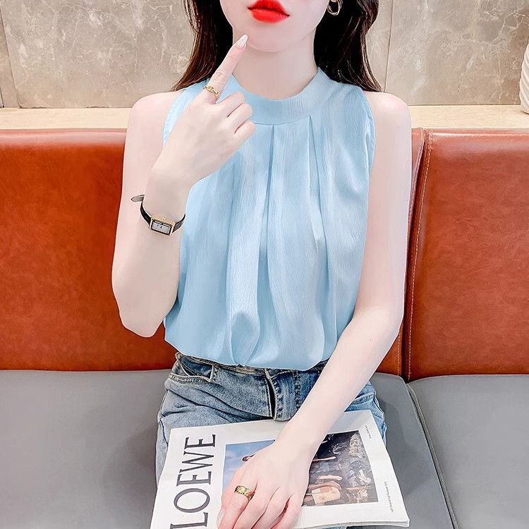 Korean-Style French Sleeveless Women's Shirt, Fashionable Round Neck, New Summer Design, Unique and Distinctive Blue Top Korean-Style French Sleeveless Women's Shirt, Fashionable Round Neck, New Summer Design, Unique and Distinctive Blue Top
