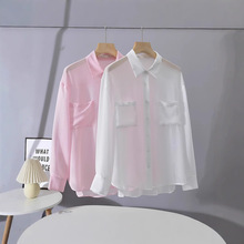 外单大码女装 薄款可透视翻领休闲衬衫女夏款长袖慵懒风防晒开衫