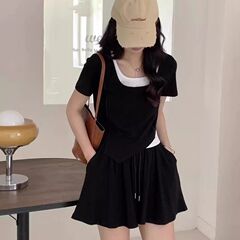 爆款大码休闲假两件T恤女套装夏季胖MM显瘦遮肚阔腿短裤裙两件套