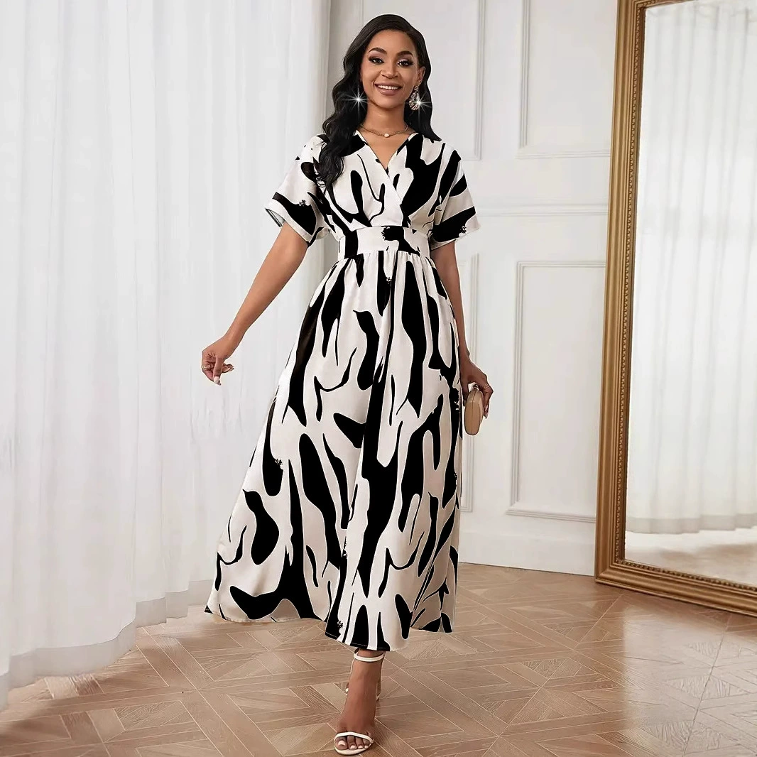 Пятно трансграничные Amazon новые европейские и американские модные цифровые принты V-образный вырез талии элегантные темпераментные женские платья