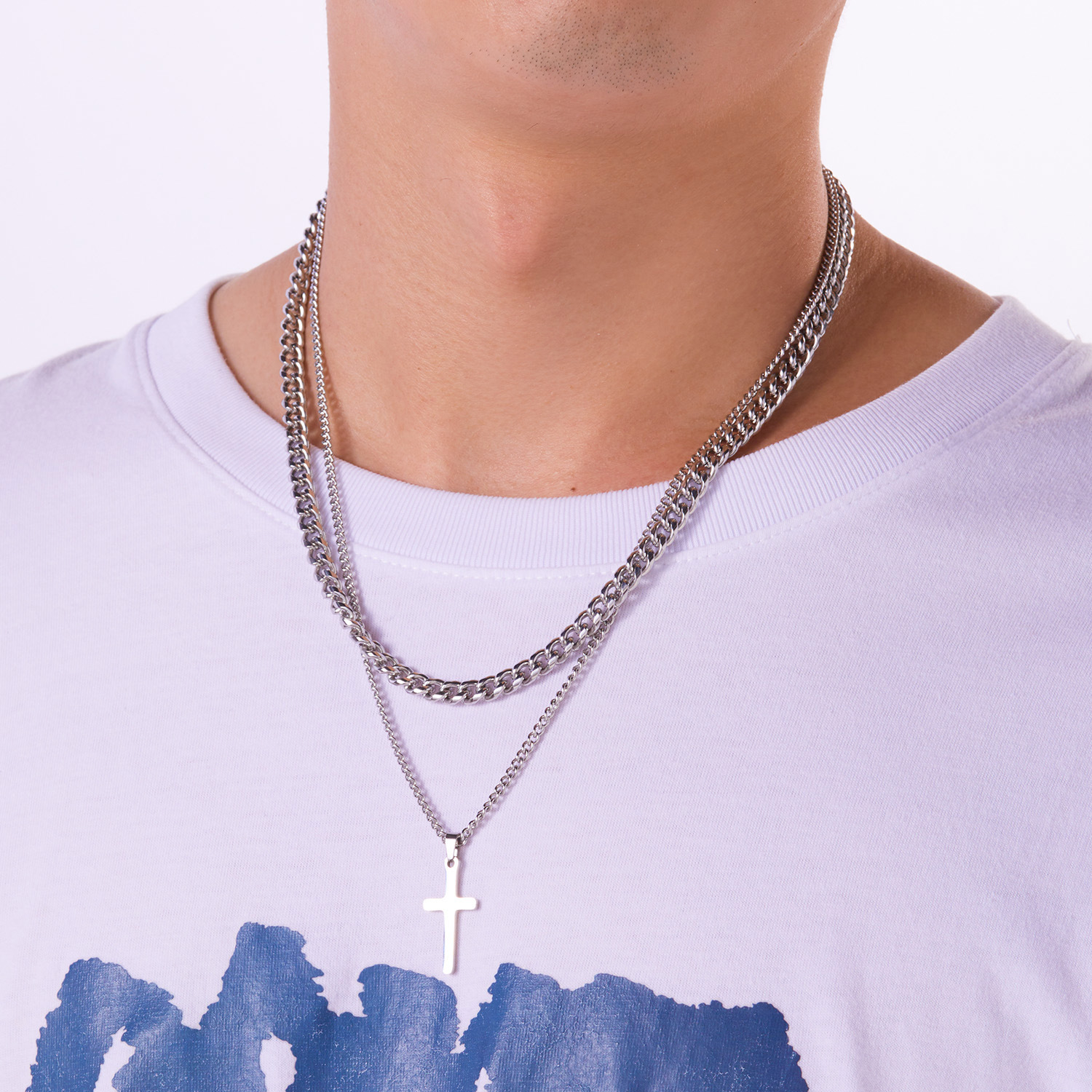 Stainless Steel Double Layer Cross Necklace For Men Trendy Style_voghion.com