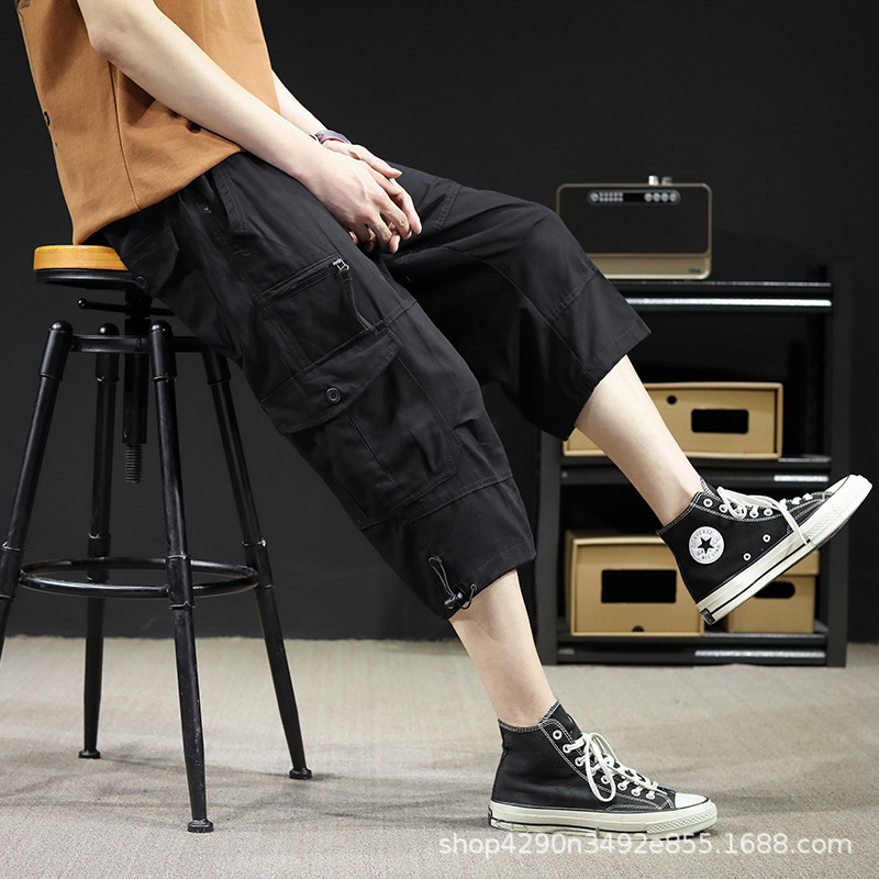 European and American Cross-border Men's Sports Pants Cotton Wear-resistant Capri Pants Casual Loose Large Size Straight Pants Outdoor Overalls