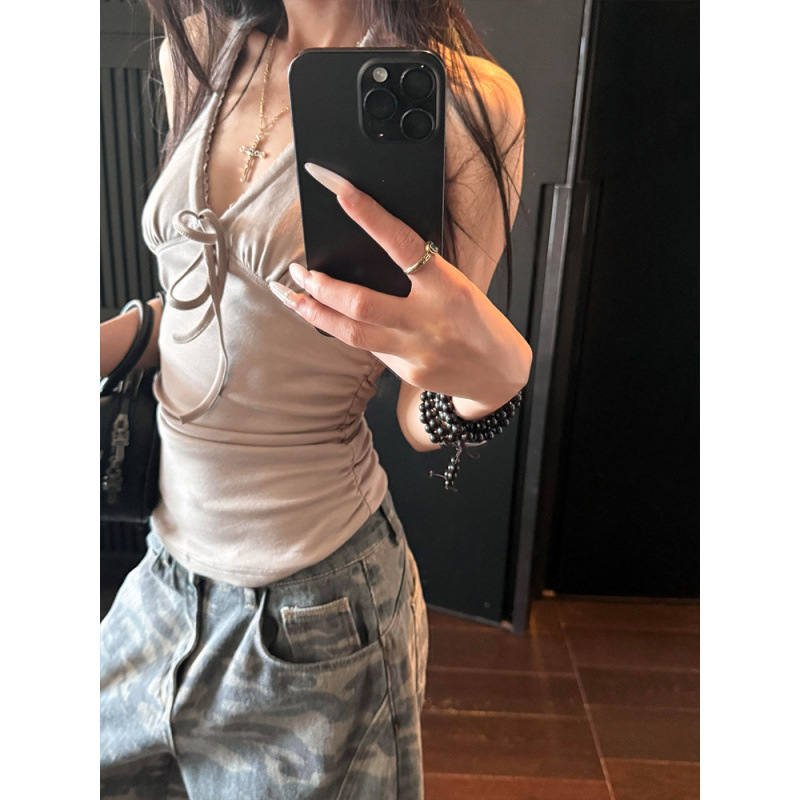 [210g 40 Count Fine Cotton 1*1] Hot Girl Style Lace-Up Halterneck Vest Suspender Women's Summer Waist Slimming Look Top