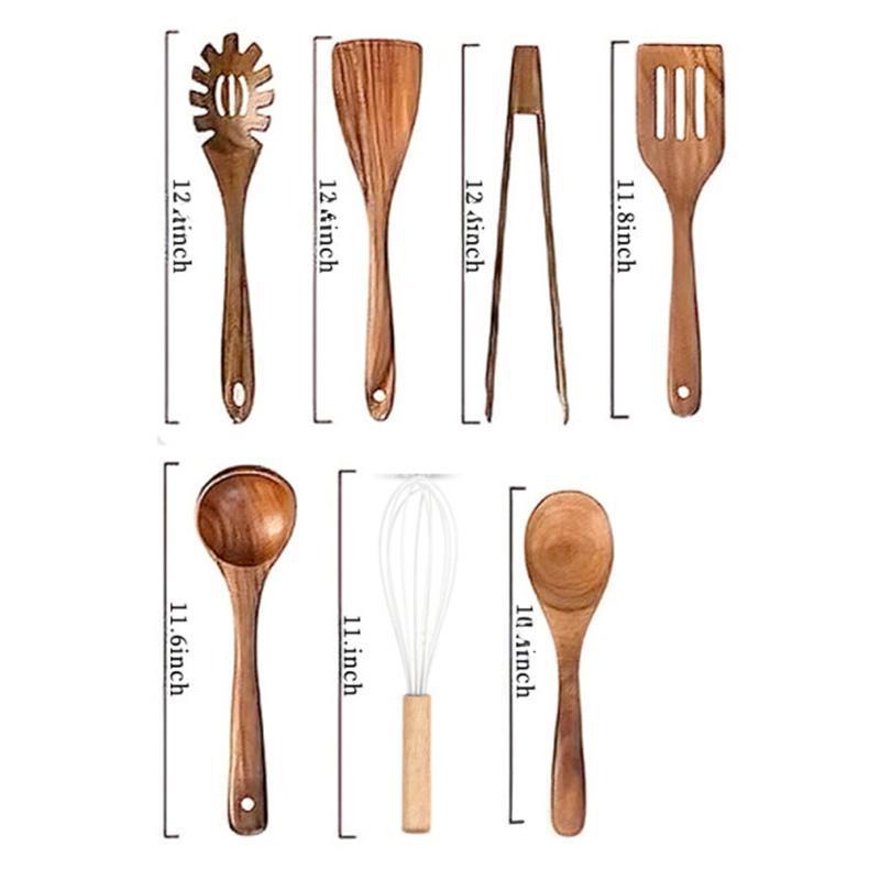 Set de madera de teca horquilla de madera sólida horquilla antiadherente horquilla de madera de acacia cocina utensilios de cocina de mango largo horquilla de verduras pala de cocina conjunto de varias piezas