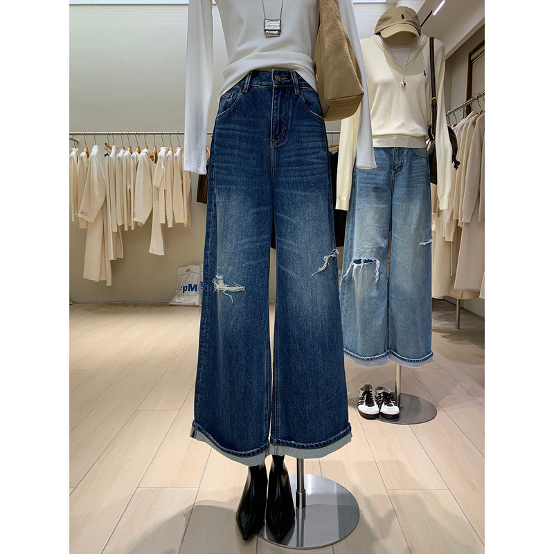 Trendy Boyfriend-Style Ripped Jeans with Whiskered Fleece, Straight-Leg Pants with Hidden Button Design, Cuffed Wide-Leg Long Pants for Women