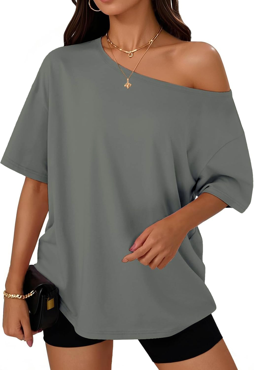 Women's Clothing Women's Y2K Loose Off-Shoulder Top Design Fashion T-Shirt For Formal & Casual For Women Solid Color_ecoleips.com