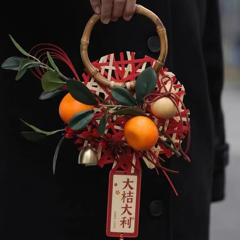 红色插蔑网格编织家用竹编混搭挂件婚礼节日喜庆装饰竹制品新中式|undefined
