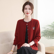 妈妈秋装外套圆领开衫宽松拼色洋气外搭针织衫上衣中老年女装毛衣