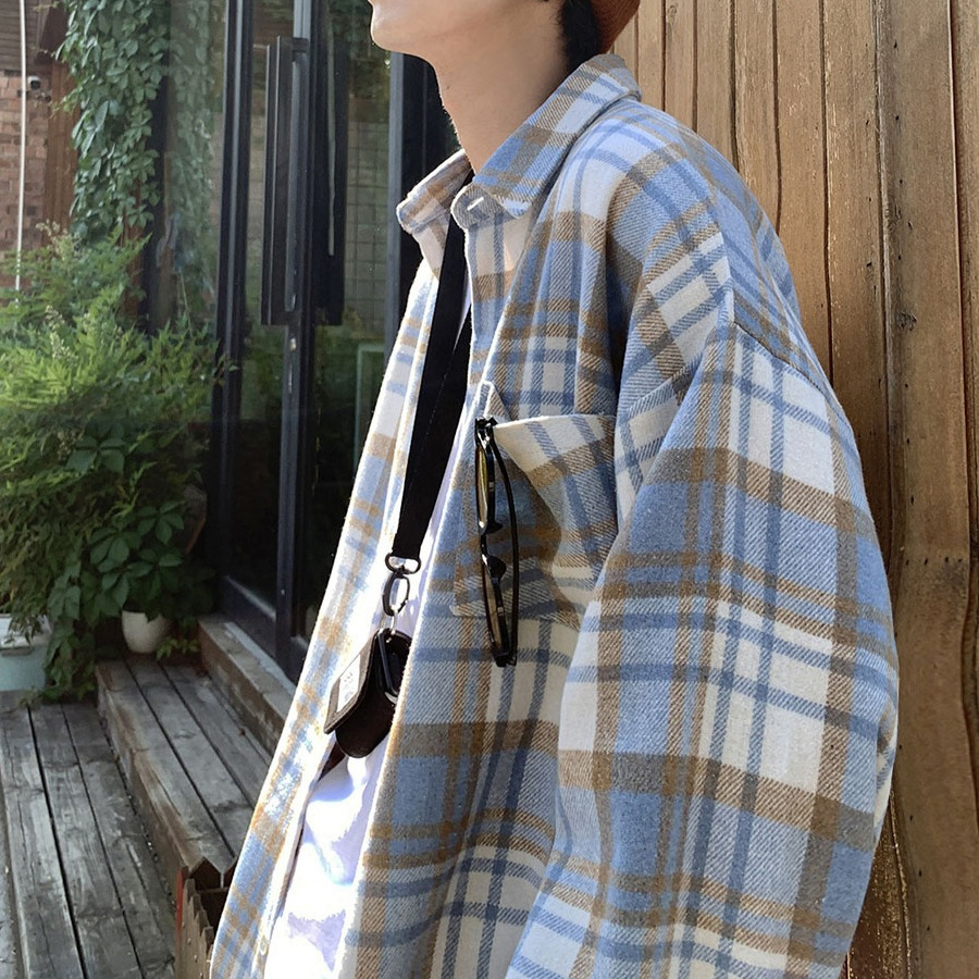 Camisa a cuadros de lana de alta gama de ropa de trabajo de la marca de moda Camisa de calle secundaria de manga larga suelta de estilo vintage para hombre