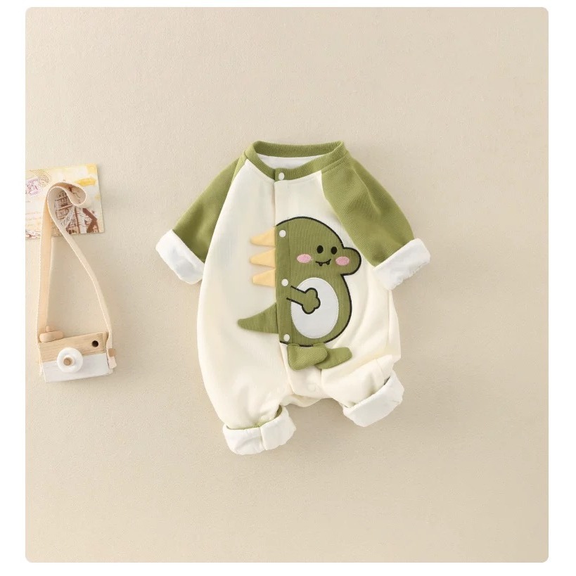 Ropa para bebés, abrigos de primavera y otoño, hombres y mujeres, bebés de dibujos animados, dinosaurios, tela de algodón de doble capa, una pieza, ropa de salida para recién nacidos