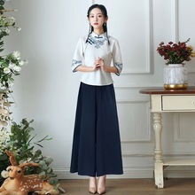 中式旗袍上衣中国风棉麻唐装茶艺服女养生采耳工作服套装阔腿裤夏