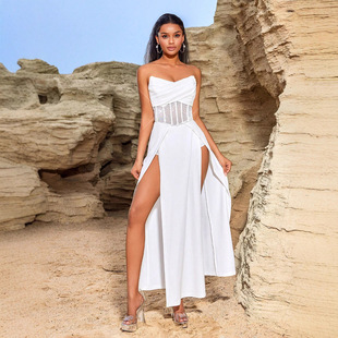 European and American New Style Backless Cross Strapless Mid-Waist Rhinestone High-Cut Long Dress Sexy Cross-Border Fashion Evening Gown