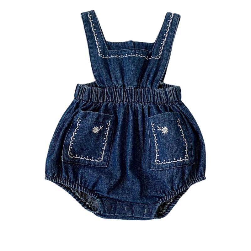 2024 nuevo estilo coreano bebé niñas bordado Denim suspender ropa exterior versátil bebé mono largo romper