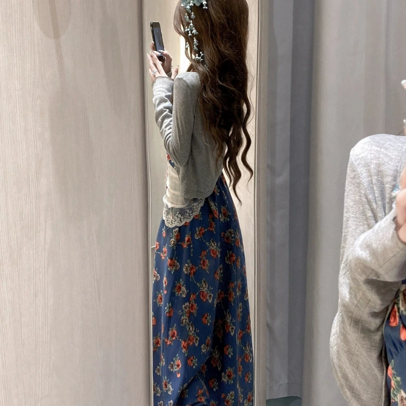 Нежное стильное платье на подтяжках с цветочным принтом для женщин, летний солнечный кардиган с длинными рукавами и воротником выше колена, длинная юбка, комплект из двух предметов