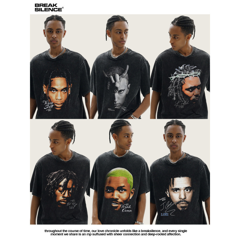 Summer Rap American Retro Digital Printing Short-sleeved T-shirt Cross-border Washed Old Selection Fabric Hot-selling Cross-border