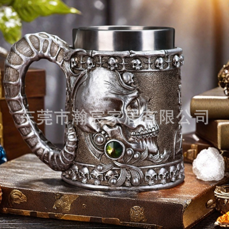 创意朋克骷髅头骨马克杯大酒杯不锈钢杯子神灵羊角木桶啤酒杯树脂