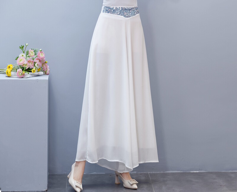 Embroidered Waist-sealed Wide-leg Pants Loose High Waist Elegant Straight Tube Draped Double-layer Chiffon Cropped Pants Skirt Slimming