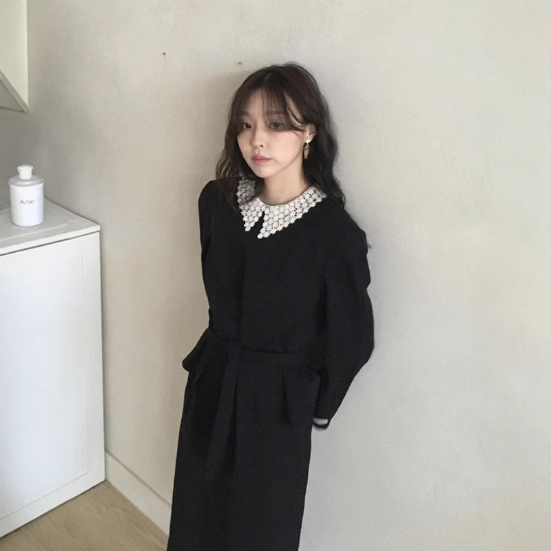 Spot Black Contrast Daisy Collar Dress 2025 Spring Korean Ins Long-Sleeved Skirt Overdue Fla*R