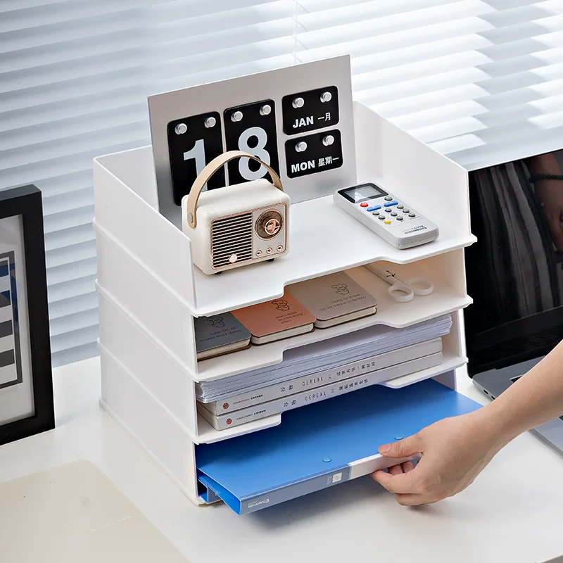 A4 Paper Storage Box, Horizontal Stackable Desktop File Rack, Pull-Out Station, White/Black