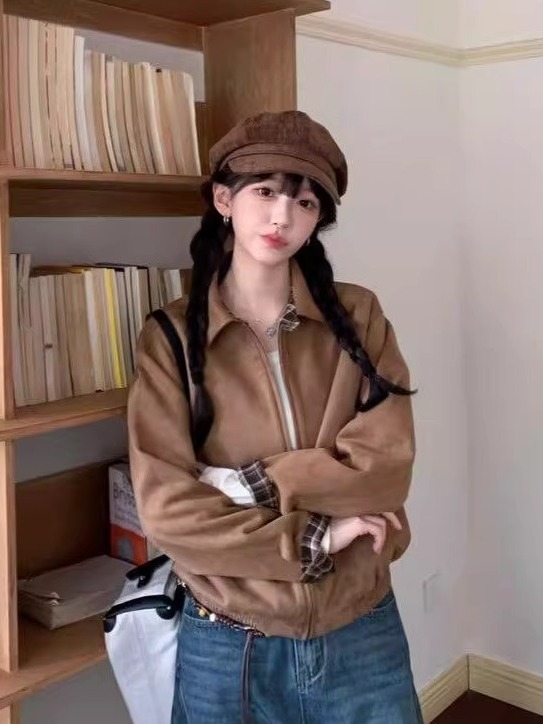 设计感格纹拼接翻领外套女2025秋季新款宽松版型短款时尚夹克上衣|undefined