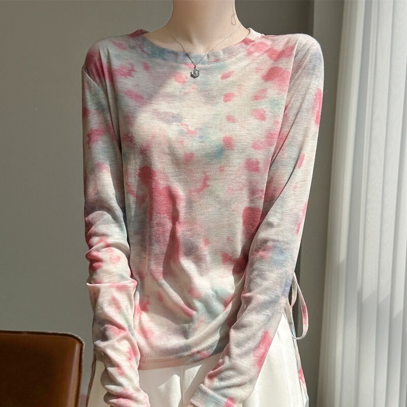 Side-Waist Drawstring Printed Knit Sweater, New Loose-Fitting Color-Blocked Long-Sleeve Tie-Dye Round-Neck Base Shirt for Spring