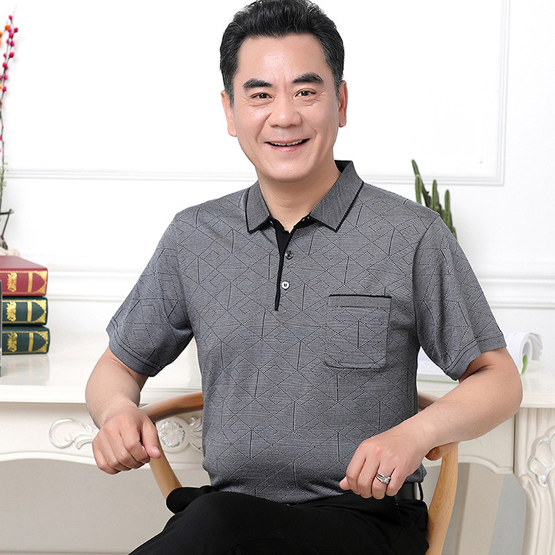 Dad's Short-sleeved T-shirt Men's Ice Silk Real Pocket Top Summer Middle-aged and Elderly Men's Lapel T-shirt Large Size