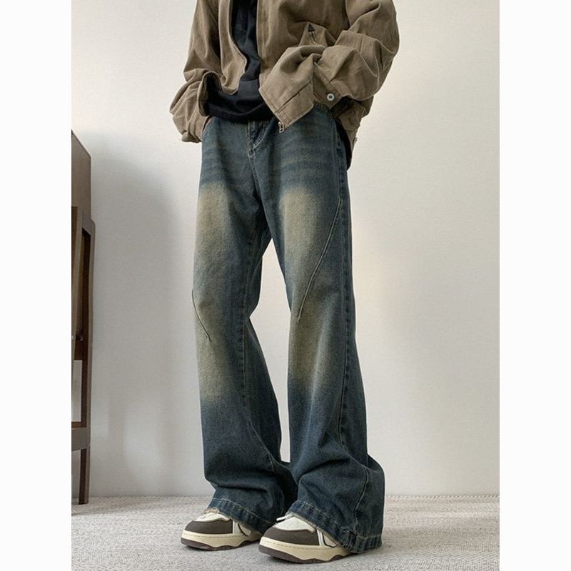 Men's High Street Cleanfit Vintage Washed Denim Jeans - Relaxed Fit Straight Leg Trousers For Casual Wear​_mkmklike.com