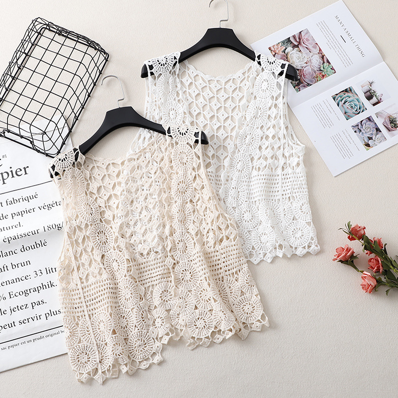 Summer thin outer wear loose knitted vest lace cardigan women's sleeveless short waistcoat hollow vest top vest