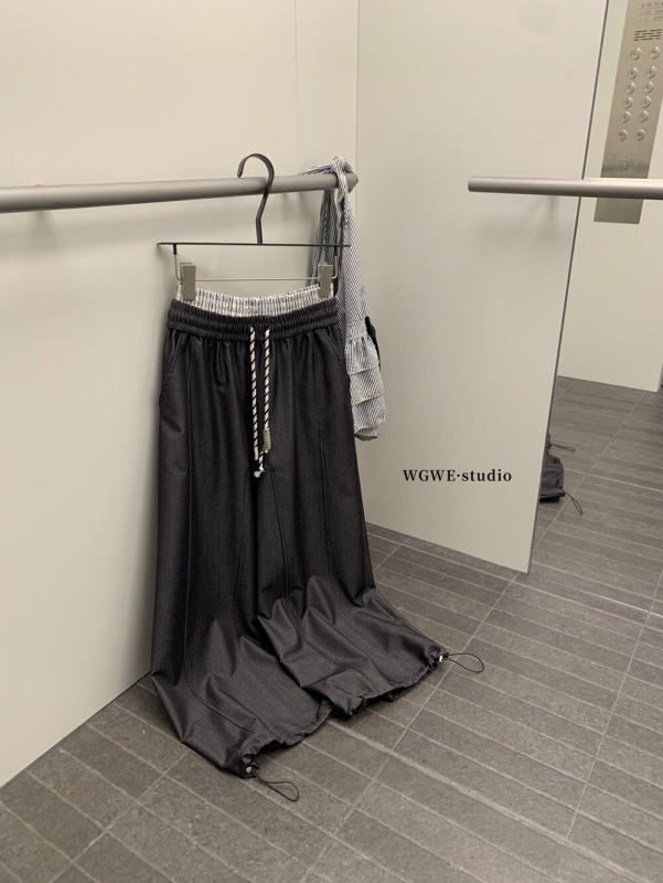WGWE秋装女韩系设计感假两件双腰头拼接宽松阔腿直筒休闲裤W6607|undefined
