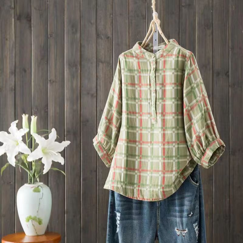 Japanese Style Literary and Artistic Small Fresh Stand-Up Collar Loose Bat Sleeve Plaid Double-Layer Cotton Gauze Shirt Women's Three-Quarter Sleeve T-Shirt Top