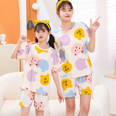 Children's short-sleeved suit pure cotton summer thin mother-daughter parent-child outfit cute cartoon short-sleeved air-conditioned home clothes suit